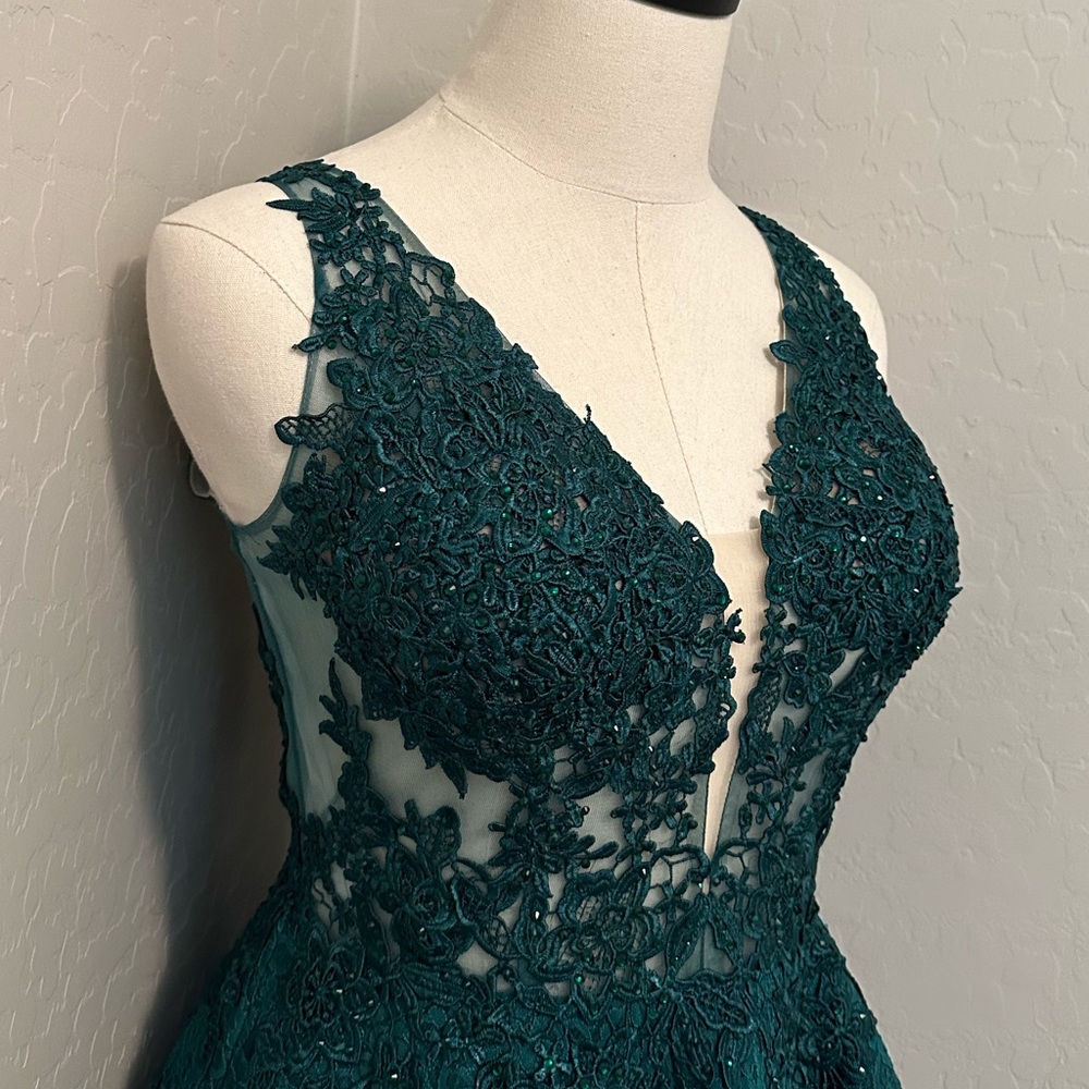 NEW JOVANI SZ 8 HUNTER GREEN NUDE ILLUSION FIT FLARE BEADED LACE FORMAL DRESS - Picture 5 of 14